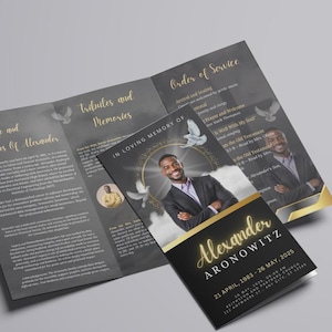 May include: A memorial service leaflet with a black and gold design. The cover features a photo of a man and the text "Alexander Aronowitz" with dates. Inside, the leaflet includes the order of service and tributes.