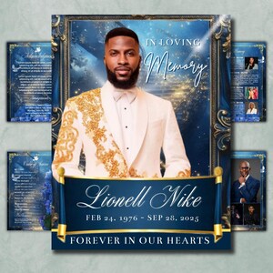 May include: A memorial announcement with a portrait of a man in a white suit with gold embroidery. The text reads "In Loving Memory" and "Lionell Nike, Feb 24, 1976 - Sep 28, 2025, Forever in Our Hearts."