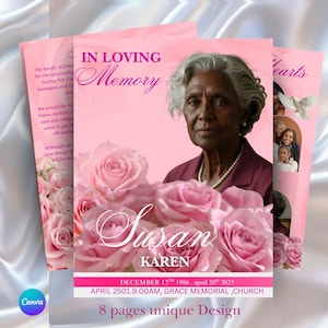 Op de afbeelding: Roze herdenkingskaarten met een portret van een oudere vrouw, omringd door roze rozen. De kaarten bevatten de tekst "In Loving Memory", de naam "Susan Karen" en data. Het ontwerp toont een duif en familiefoto's.