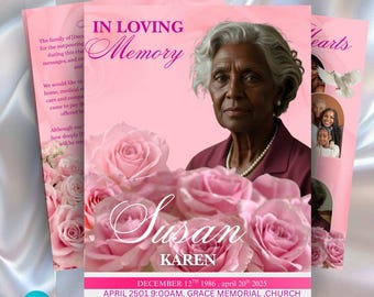Pink Roses Funeral Program Template, Elegant Gold Obituary (Digital Download)