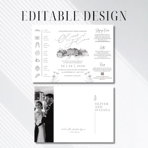 May include: A wedding invitation suite with a black and white design. The main invitation features event details, a timeline, and the names "Oliver and Juliana." The RSVP card includes the couple's names and a quote.