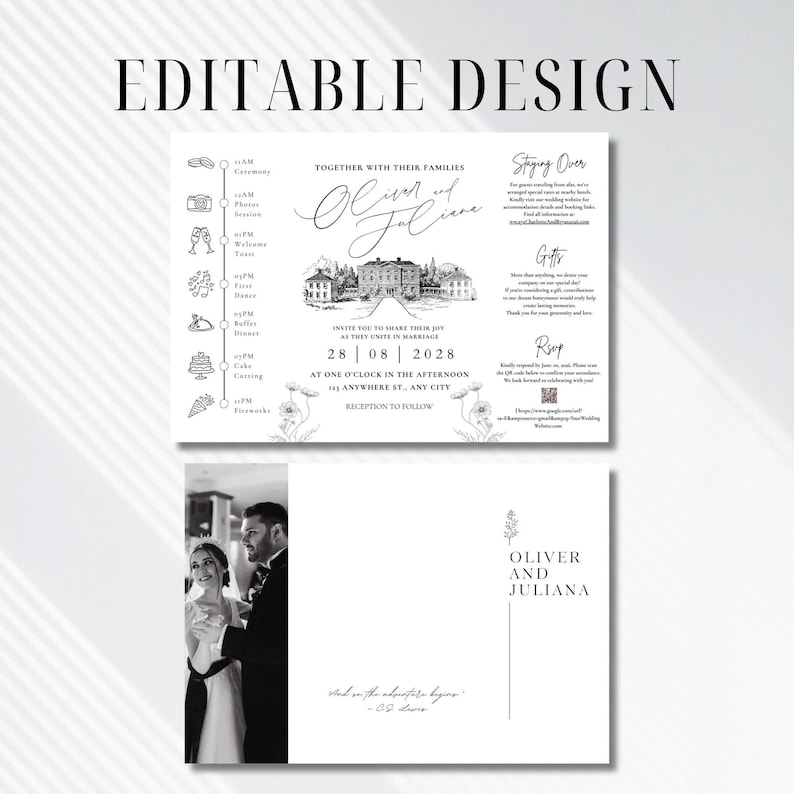 May include: A wedding invitation suite with a black and white design. The main invitation features event details, a timeline, and the names "Oliver and Juliana." The RSVP card includes the couple's names and a quote.