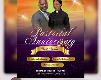 Pastoral Anniversary Flyer, Purple Gold Church Event (Editable Template)