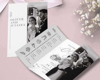 Invitación de boda dibujada a mano, desplegable, plantilla DIY (Canva)