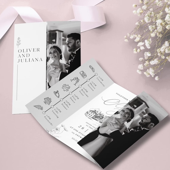 Hand Drawn Wedding Gatefold Invitation, Whimsical Folded Wedding Invite, Editable DIY Template, QR Code All in One Printable Card Design