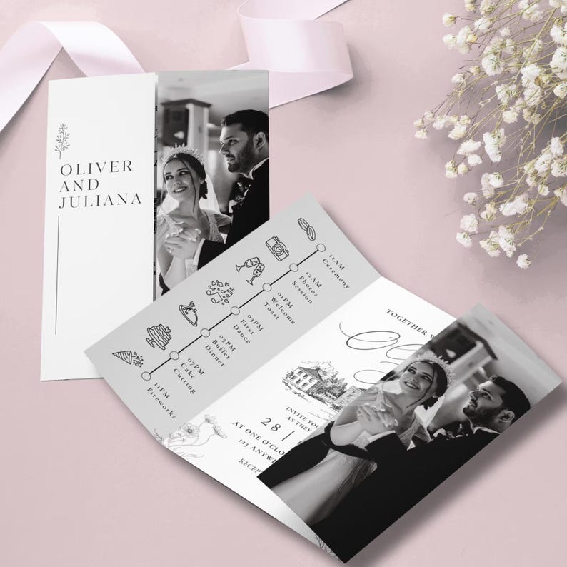 May include: A wedding invitation suite featuring a tri-fold invitation with a timeline and photos of the couple. The invitation includes the names "OLIVER AND JULIANA" and the text "INVITE YOU AS THEY" on a pink background.