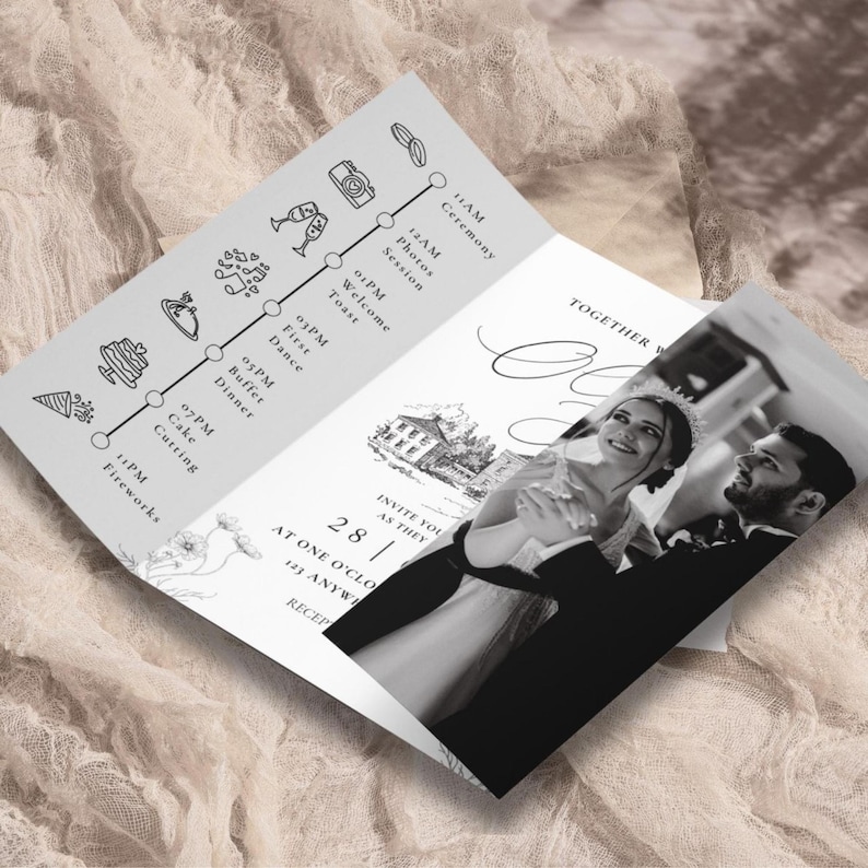 May include: A folded wedding invitation with a timeline of events and a black and white photo of a couple. The invitation includes the text "INVITE YOU AS THEY" and the date "28 / AT ONE O'CLOCK". The background is a neutral color.