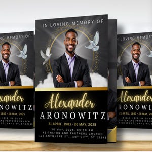8 Page Black Gold Funeral Template, 8.5x11&quot; Elegant Black Obituary Program, Bi-Fold Funeral Program, Memorial Celebration of Life