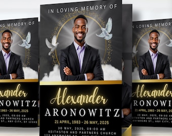 Black Gold Funeral Program Template, Elegant Obituary (8.5x11" Bi-Fold)