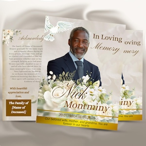 以下が含まれることがあります： 男性の肖像画、白い花、テキストが特徴の追悼カード。カードには「Nick Montminy」という名前と日付、そして「In Loving Memory」というフレーズが含まれています。鳩のグラフィックも表示されています。