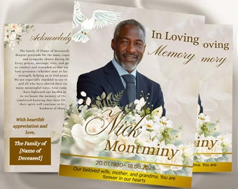 Elegant White Gold Roses Funeral Program Template (8.5x11, PDF)