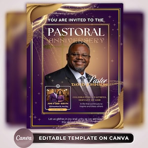 Può includere: Un modello di invito viola e oro per un anniversario pastorale. Il design presenta un ritratto di un uomo sorridente in giacca e cravatta, con il testo "PASTORAL ANNIVERSARY" e "Pastor David Johnson". Include i dettagli dell'evento.
