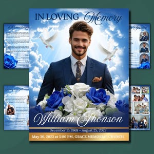 May include: A memorial service program with a portrait of a man in a blue suit, surrounded by white and blue flowers. The text reads "IN LOVING Memory" and includes the name "William Thonson" and dates. Additional pages with text and photos are visible.