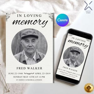 May include: A memorial card and a smartphone display the same design. The card features a black and white photo of a man within a circle, with the words "IN LOVING MEMORY" above and his name and dates below. The smartphone shows the same design.