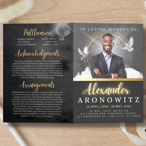 May include: A memorial card with a photo of a man in a suit, with the text "In Loving Memory of Alexander Aronowitz." The card includes details of his birth and death, along with service information.