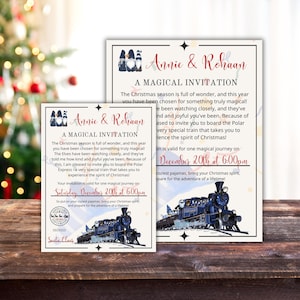 May include: Two invitation cards with a Christmas theme. The cards feature text that reads "Annie & Rohaan, A Magical Invitation." The invitation includes a train graphic and the date "Saturday, December 20th at 6:00pm."