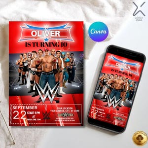 May include: A red and black birthday party invitation featuring the text "OLIVER IS TURNING 10" and a group of wrestlers. The invitation includes the date, time, and location. A smartphone displays the same design.