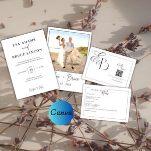 May include: A collection of wedding stationery, including invitations and RSVP cards. The invitation features the names "Eva Adams and Bruce Lincon" and the wedding date. A photo card shows a couple on a beach. The Canva logo is visible.