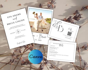 Minimalist Wedding Invitation Suite with Photo | DIY Canva Template