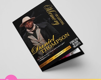 Black and Gold Funeral Program, Obituary Template, Celebration of Life (Canva)