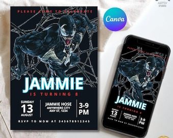 Venom Birthday Invitation, Editable Superhero Party (Canva Template)
