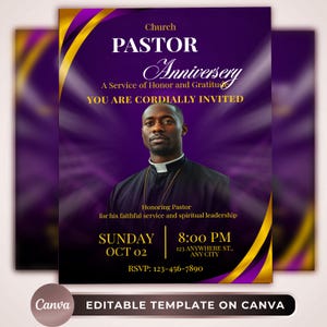 Pode incluir: Um folheto roxo e dourado para o aniversário de um pastor da igreja. O folheto apresenta um retrato de um homem com uma gola clerical preta, com o texto "Aniversário do Pastor" e "Você é cordialmente convidado."