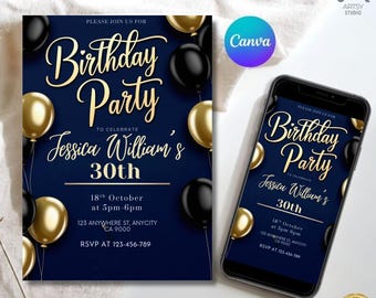Editable Blue and Gold Birthday Invitation – Elegant Balloon Template (Digital Download)