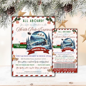 May include: A festive Christmas-themed invitation and ticket design. The main invitation features the text "All Aboard!" and "North Pole Express" with a winter scene of a train, trees, and Santa's sleigh. The ticket reads "Admit One Guest".