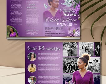 May include: A memorial service program with a purple and white floral design. The program features a photo of a woman, doves, and text including the name "Olivia Wilson" and dates. The theme is remembrance.