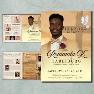 May include: A memorial service program featuring a portrait of a man in a gold suit, a dove graphic, and the words "In Loving Memory." The program includes the name "Romanda K. Harlibrug," dates, and service details.