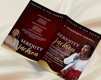 Maroon Funeral Program Template, Gold Rose Obituary, Celebration of Life (Canva)
