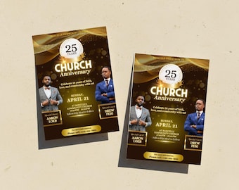 May include: Two flyers for a church anniversary celebration. The flyers feature a gold and brown design with the text "CHURCH Anniversary" and "25 Years." They include photos of two men and event details.
