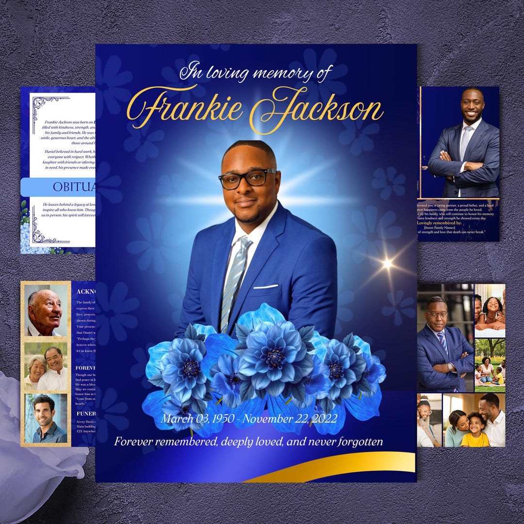Blue Funeral Program Template | Bi-fold Obituary, Celebration of Life ...