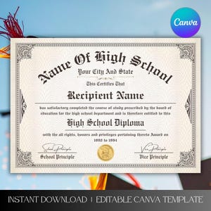 Könnte beinhalten: Eine Diplomvorlage mit Vintage-Design. Das Dokument weist verzierte Ränder, dekorative Schriftarten und ein goldenes Siegel auf. Der Text enthält "Name Of High School", "Recipient Name" und "High School Diploma". Das Canva-Logo ist oben rechts sichtbar.