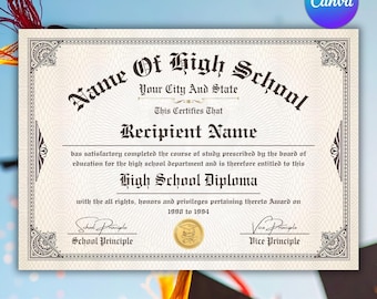 Editable High School Diploma Template, Homeschool Replica Certificate, Instant Download, Printable Graduation Diploma Canva Design Instant