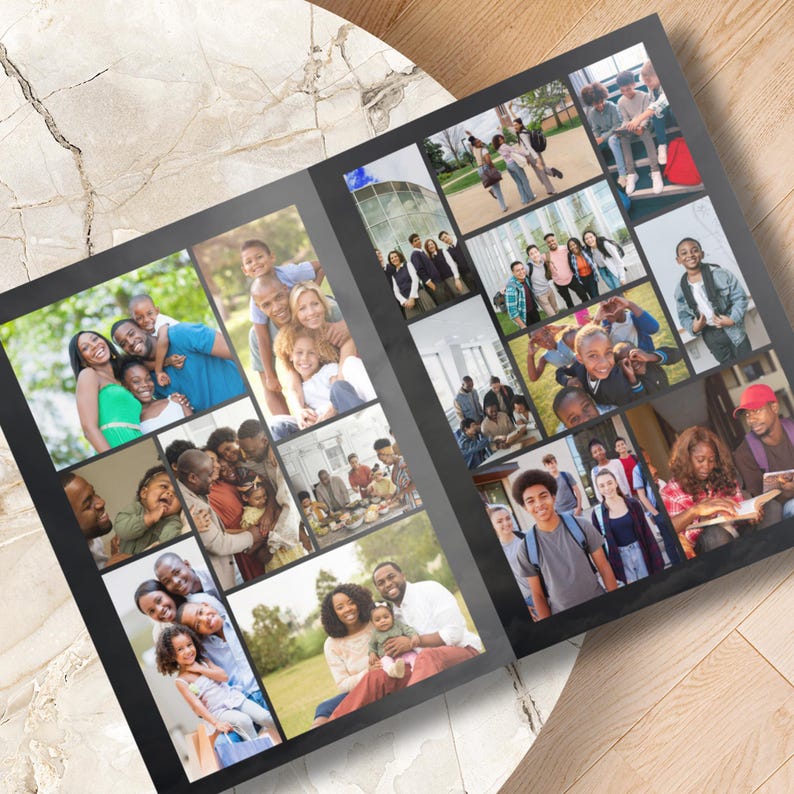 May include: An open photo album with a black cover, displaying a collage of family photos. The photos feature various family groups, capturing moments of joy and togetherness. The album is open on a light-colored surface.