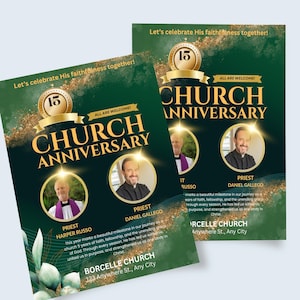 May include: Two green and gold Church Anniversary flyers. The flyers feature the text "Church Anniversary" and include photos of priests. The flyers also include the text "Let's celebrate His faithfulness together!" and "All are welcome!"