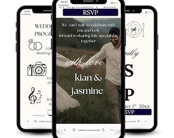 May include: Three smartphones displaying wedding-themed digital invitations. The central phone shows a photo of a couple with the text "RSVP" and "We can't wait to celebrate with you..." Other phones show wedding program details.