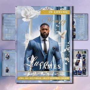 May include: A memorial program with a portrait of a man in a blue suit, the name "Lucas James", and dates of birth and death. The design includes doves, floral accents, and the text "In Loving Memory".