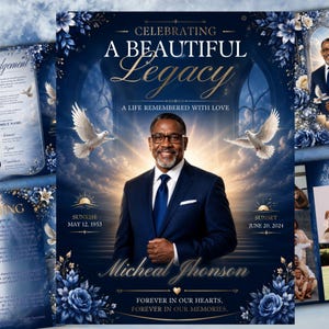 Könnte beinhalten: Eine Trauerprogramm-Vorlage mit dem Porträt eines Mannes im marineblauen Anzug, blauer Krawatte und Brille. Das Design enthält weiße Tauben, blaue Rosen und goldenen Text mit der Aufschrift CELEBRATING A BEAUTIFUL LEGACY, A LIFE REMEMBERED WITH LOVE, Micheal Jhonson.