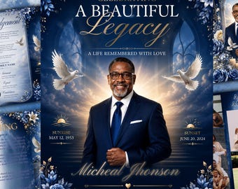 Blue Funeral Program Template, Celebration of Life Program, 8 Page Memorial Booklet, Editable Obituary Template, Funeral Service Program