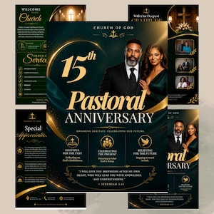 May include: A 15th Pastoral Anniversary church event flyer template in dark green and gold. It features a couple, gold text, and icons for grateful, celebrating, and believing. The design includes the text Church of God and Jeremiah 3:15.