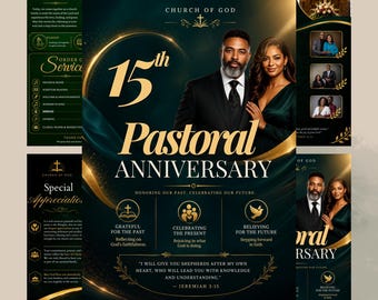 May include: A 15th Pastoral Anniversary church event flyer template in dark green and gold. It features a couple, gold text, and icons for grateful, celebrating, and believing. The design includes the text Church of God and Jeremiah 3:15.