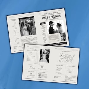 Puede incluir: Dos anuncios de boda con fotos en blanco y negro. El titular dice "EMILY & BENJAMIN Are Getting Married?" e incluye detalles sobre el calendario de la boda y la información de los invitados.