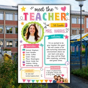Peut inclure: Un dépliant coloré 'Meet the Teacher' avec une photo de Mme Harris, un dessin de crayon '1st Grade' et des sections pour les favoris, les contacts et la famille. Le texte inclut 'meet the TEACHER', '1st Grade', 'Mrs. Harris', 'welcome' et 'favorites'.