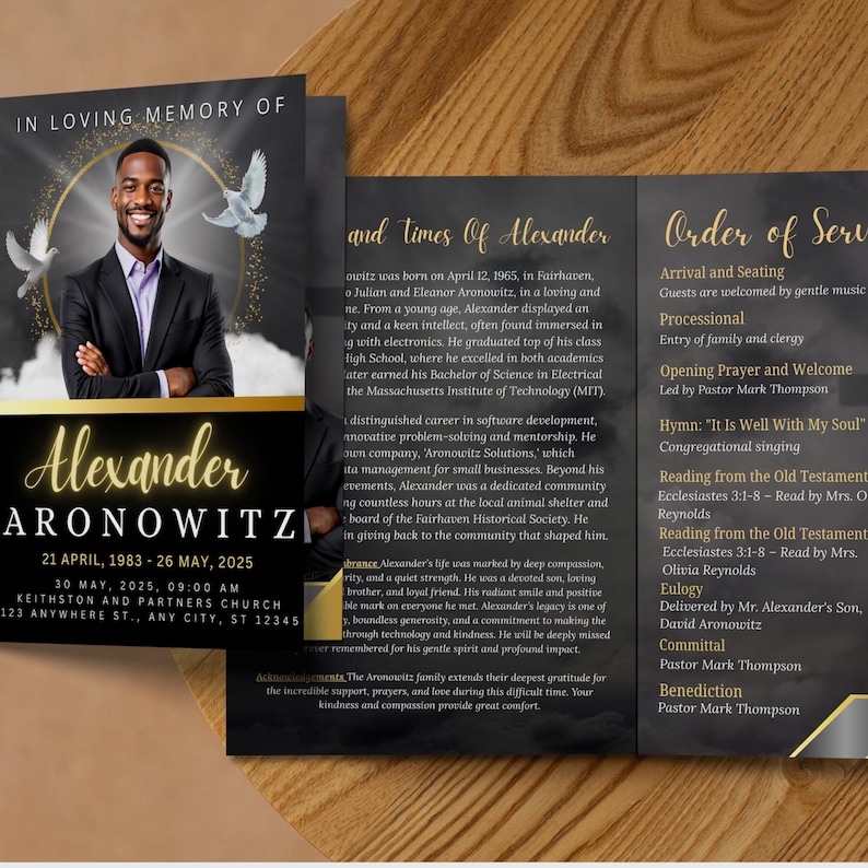 May include: A memorial service program with a portrait of a smiling man in a black suit. The program includes the name "Alexander Aronowitz", dates, and service details. The design features gold accents and doves.