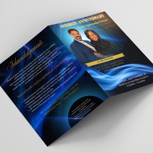 May include: A blue and black brochure for a church anniversary service. The brochure features a photo of a man and woman, with text that reads "Church Anniversary Pastor Appreciation Service". The brochure also includes text about the event.