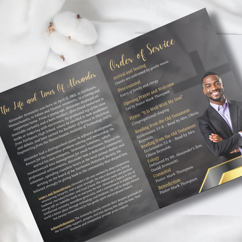 May include: A memorial service program with a photo of a smiling man in a suit. The program's text includes "The Life and Times of Alexander" and "Order of Service," with details of the service and readings.