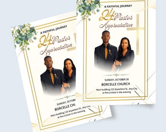 Gold Pastor Appreciation Bifold Program, Church Anniversary Template (Canva Editable)
