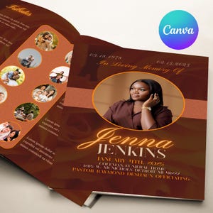 May include: A memorial card with a brown and gold design. The card features a photo of a woman in a brown top, the name "Jenna Jenkins", and memorial details. The Canva logo is visible in the upper right corner.